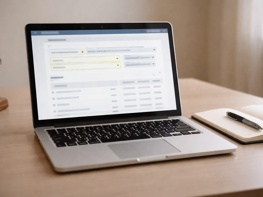 Close-up of a laptop showing a generic database search interface next to a notebook and pen.