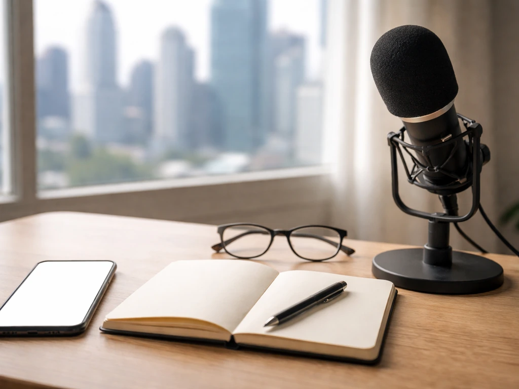 Minimal desk scene with a phone, notebook, and blurred city lights symbolizing verifying net worth info