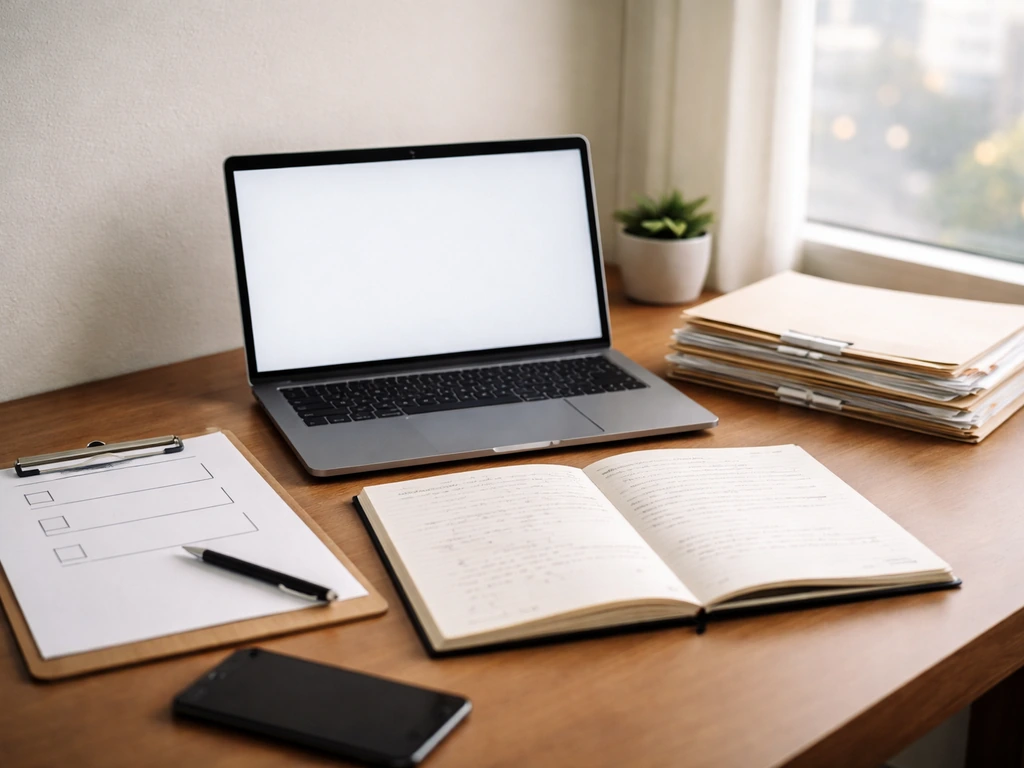 Minimal desk scene with laptop, documents, and a blank checklist implying net worth research workflow.
