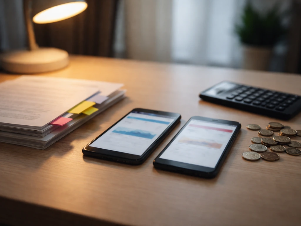 Two phones and papers on a desk with blurred finance pages, symbolizing conflicting online numbers.