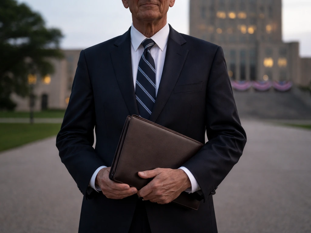 Anonymous older man in a dark suit in front of a blurred North Dakota capitol building.
