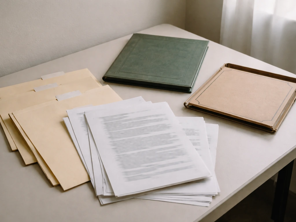 Close-up of archive folders and printed documents on a desk, symbolizing public records used for verification.