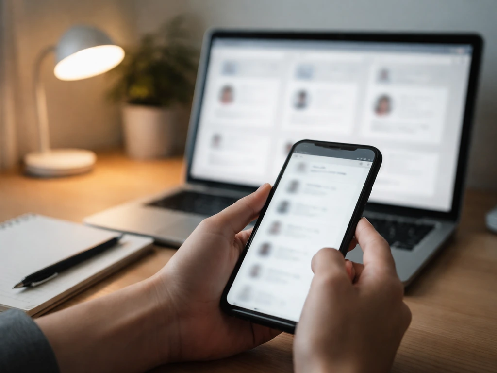 Anonymous hands compare blurred search results on a laptop and phone at a quiet desk.