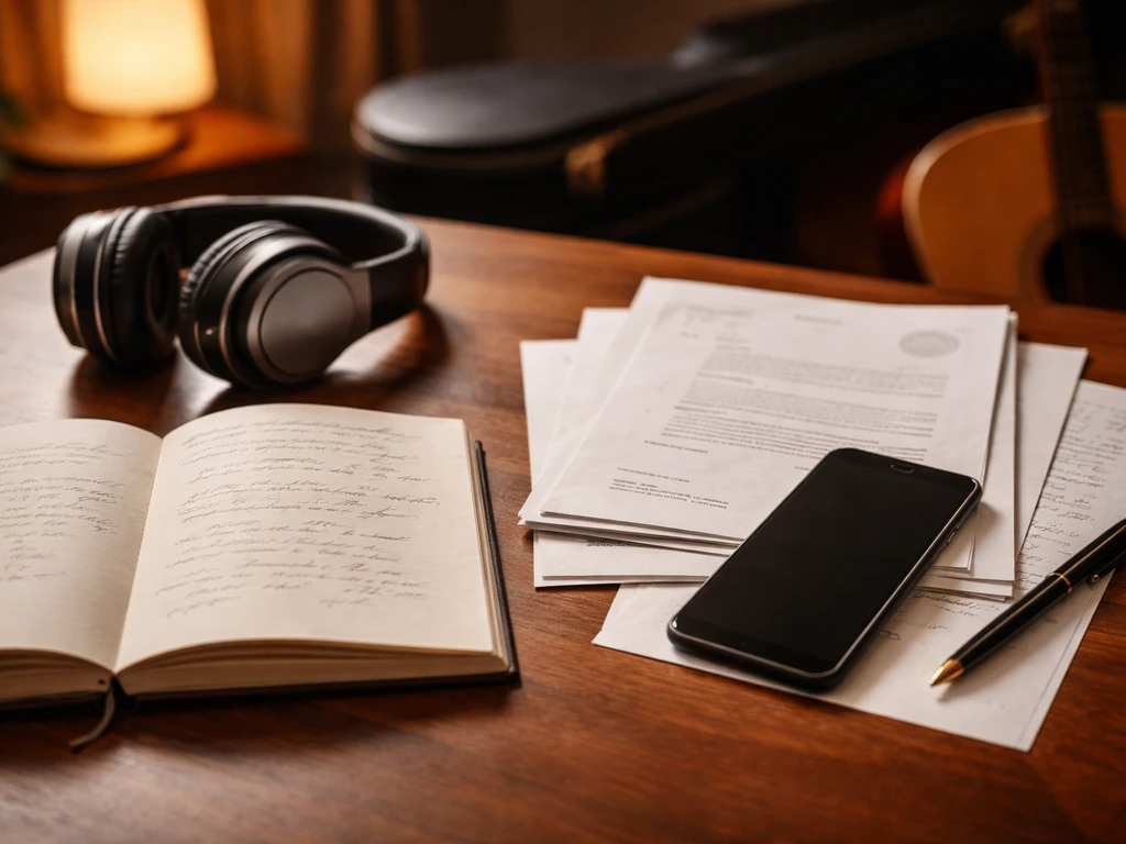 Close-up of studio desk with handwritten lyric notebook, royalty-style documents, and music notes on paper