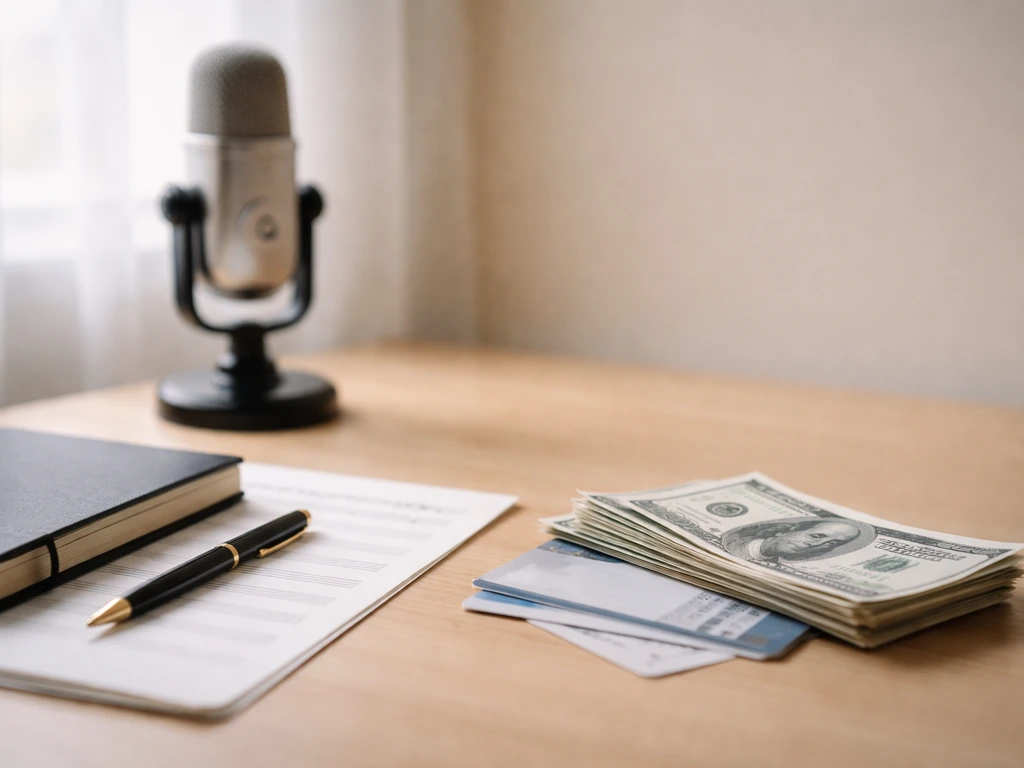 Close-up of a music producer’s desk with cash, studio mic, and scattered royalty-style documents (no text).