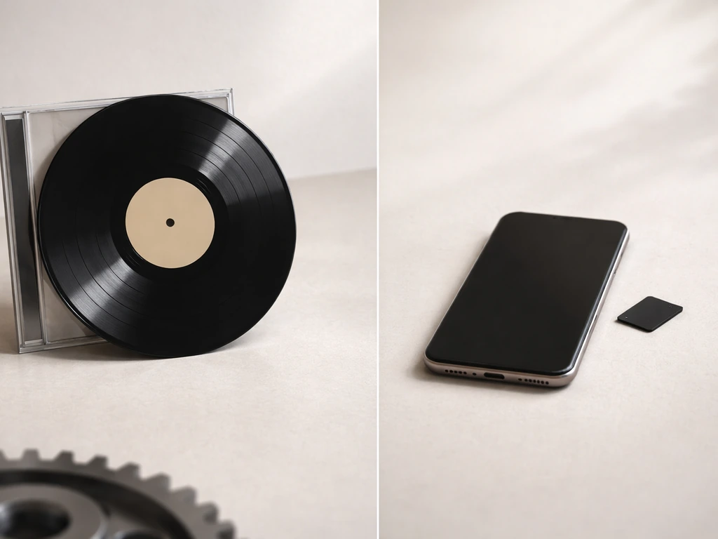 Minimal scene comparing vinyl/CD media with digital download-style tiles for mechanical/reproduction royalties.
