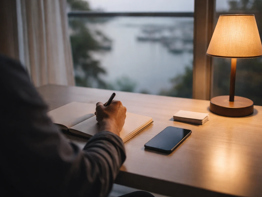 Minimal home office desk scene with quiet marina view, symbolic of entrepreneurship and verified biography work.