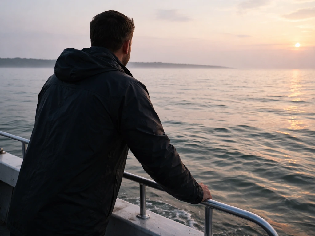 Back view of a man on a small fishing boat at dawn over calm Gulf-like water, no other people visible.