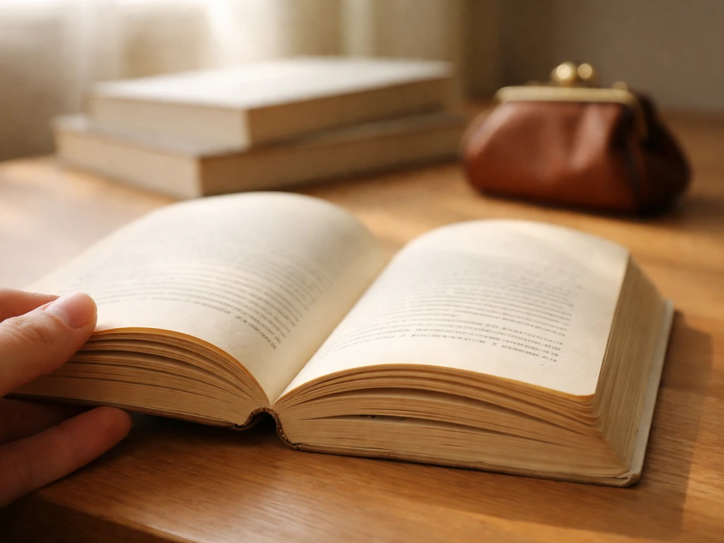Close-up of an open book on a simple desk with warm light, suggesting memoir royalties.