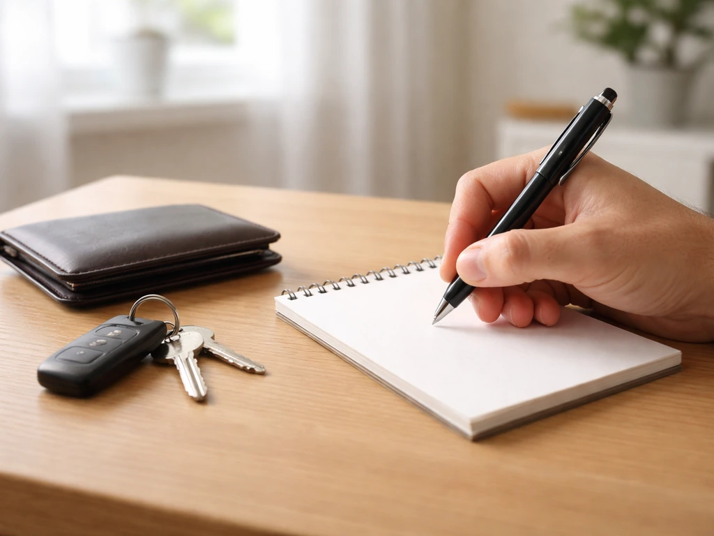 Minimal photo showing a pen over a small notepad beside a wallet and keys, symbolizing assets minus liabilities.