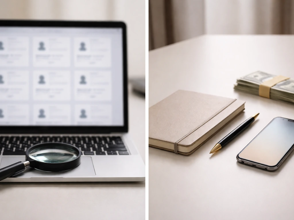 Split-screen desk scene with blurred profiles and a checklist-style verification setup, no readable text.