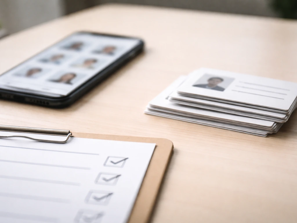 Blurred phone thumbnails and ID-style documents on a desk, symbolizing verifying multiple matching identities.