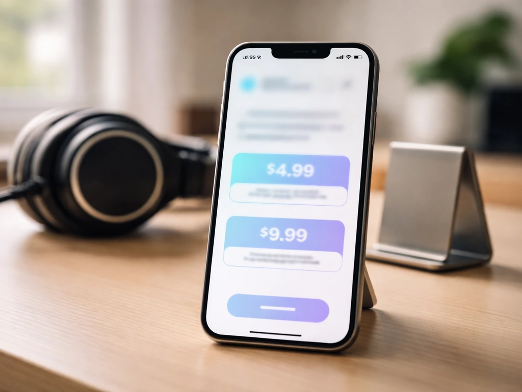 Phone on a desk displaying a blurred app store subscription pricing list with weekly and monthly tiers.