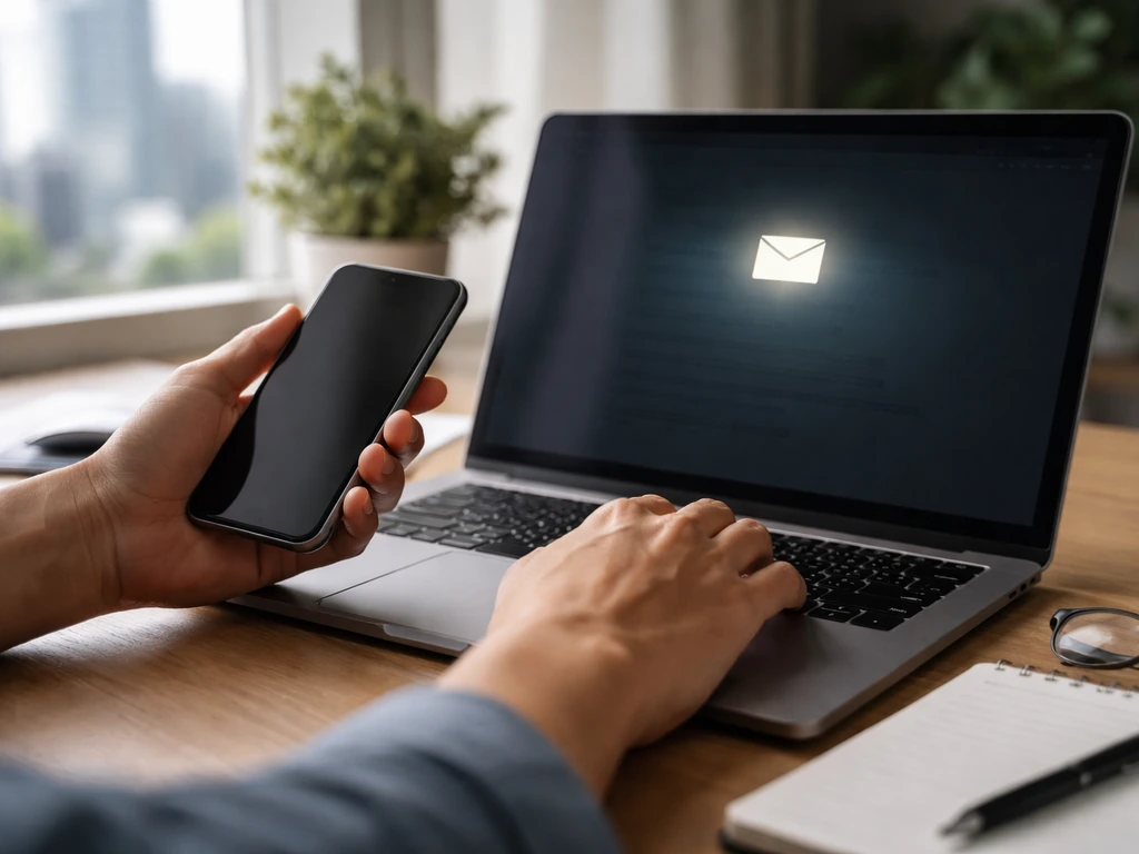 Hands checking a laptop and phone in a home office with blurred documents and city view through window
