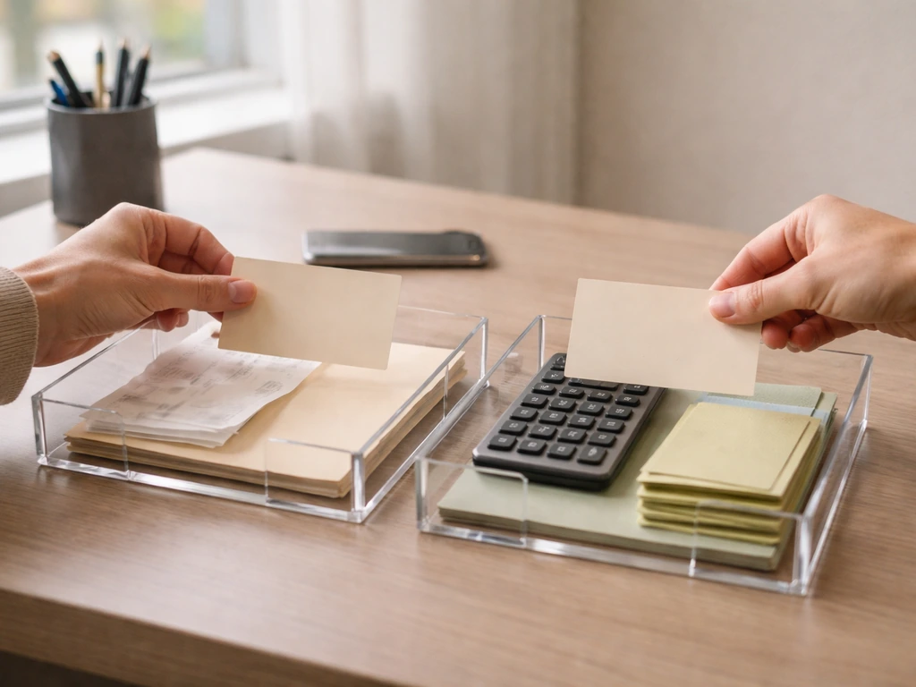 Hands separating receipts and calculator items into two unlabeled trays symbolizing confirmed vs estimated money info.