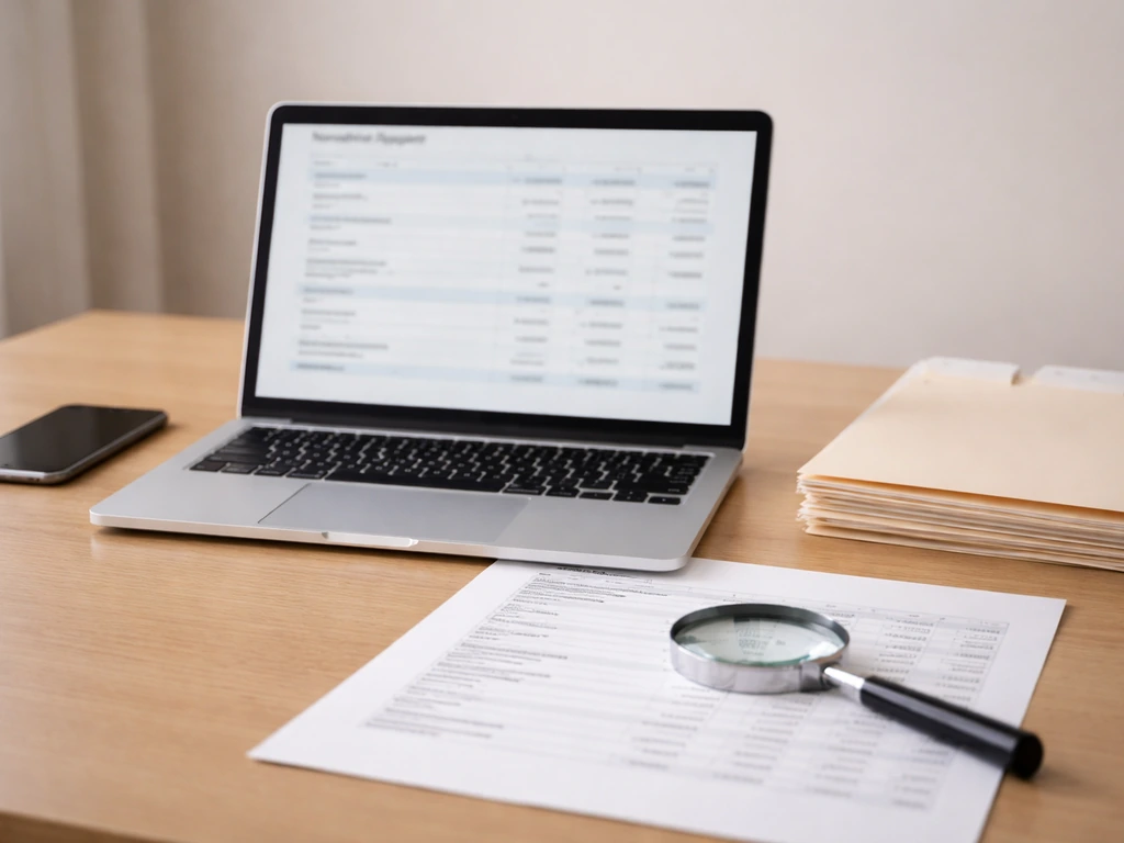 Desk with laptop and magnifying glass reviewing anonymous nonprofit-finance paperwork, no readable text.