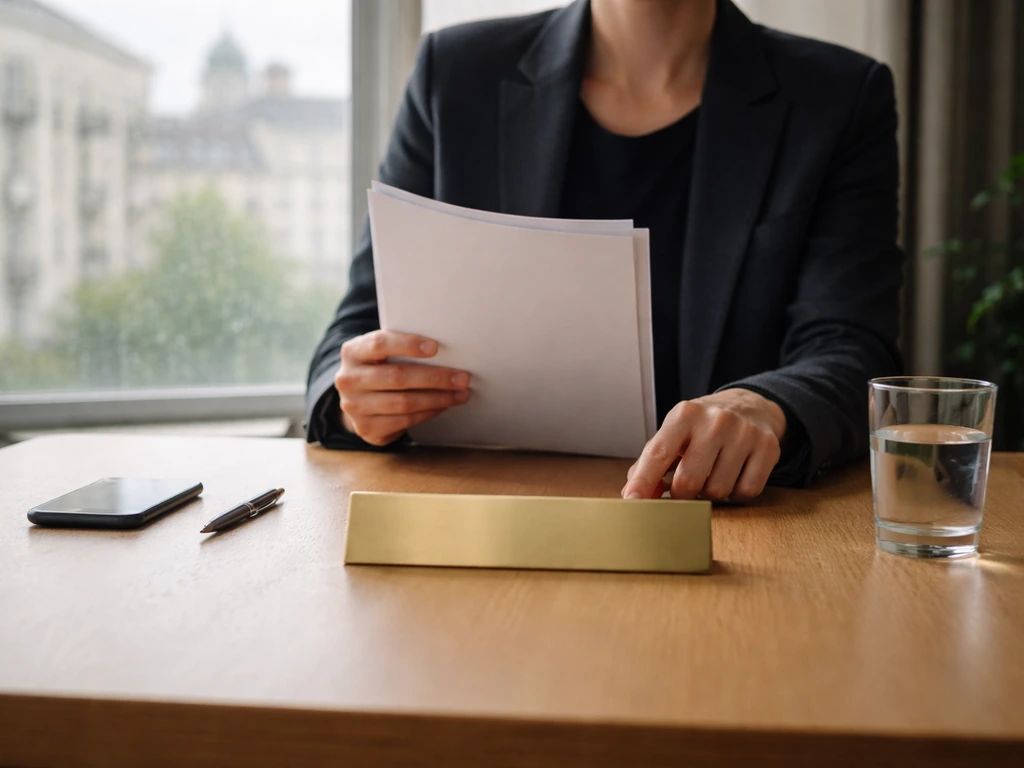 Anonymous executive in a minimalist Berlin office beside a SCHNEIDER GROUP style folder, confirming the right person