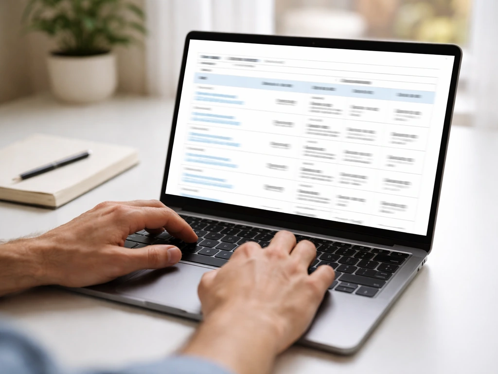 Close-up of a laptop showing a German business registry search results page with blurred text