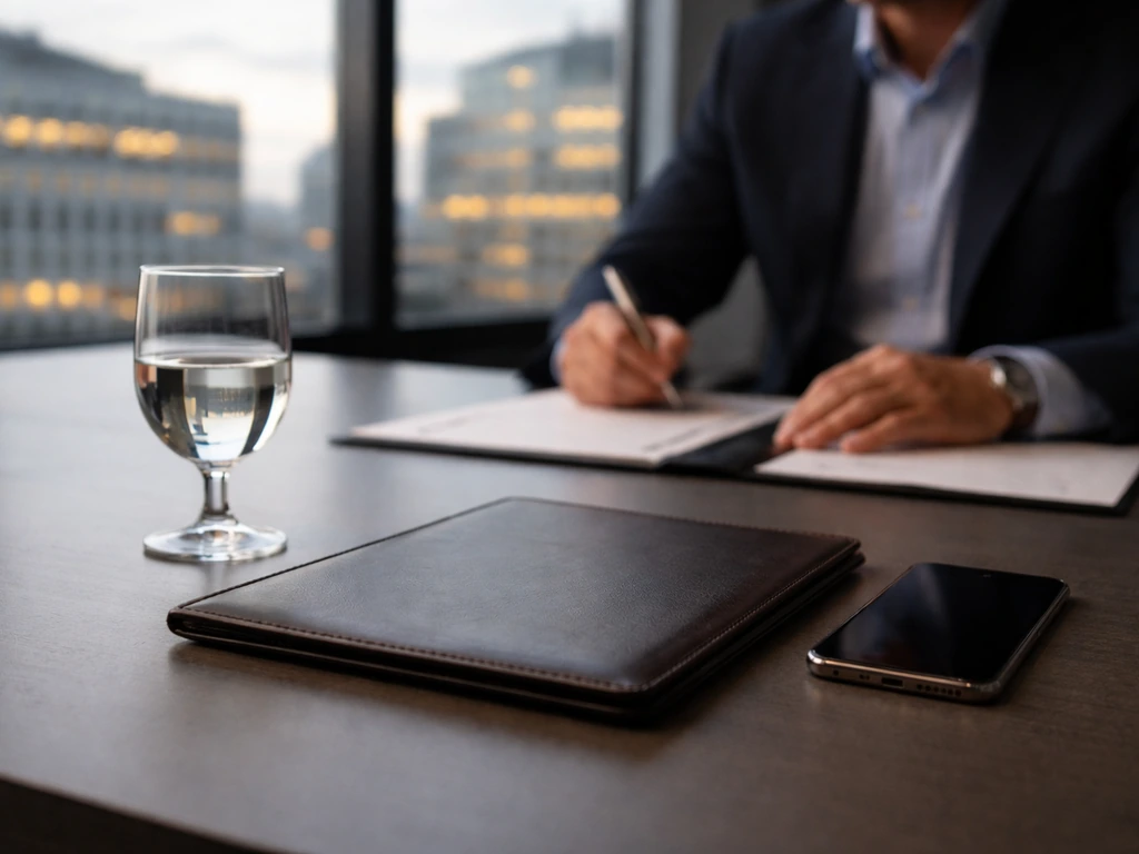 Anonymous executive desk scene with portfolio and smartphone, blurred city offices in the background.