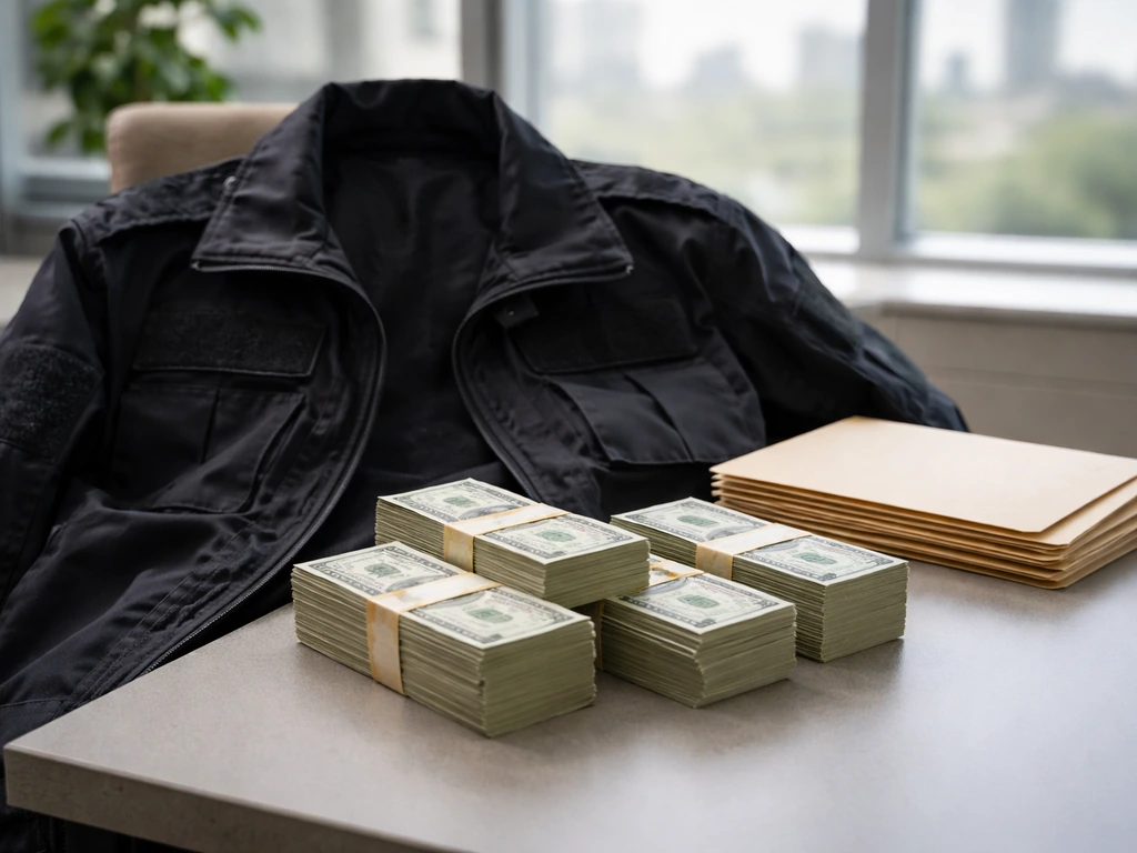 Anonymous DEA-style uniform on a desk beside cash and files, symbolizing Hank Schrader net worth analysis