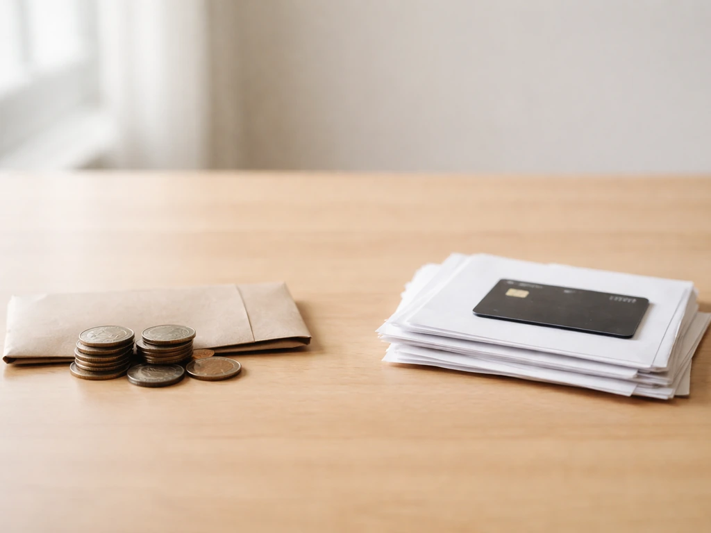 Minimal tabletop scene showing coins for assets and blank envelopes/cards for liabilities.