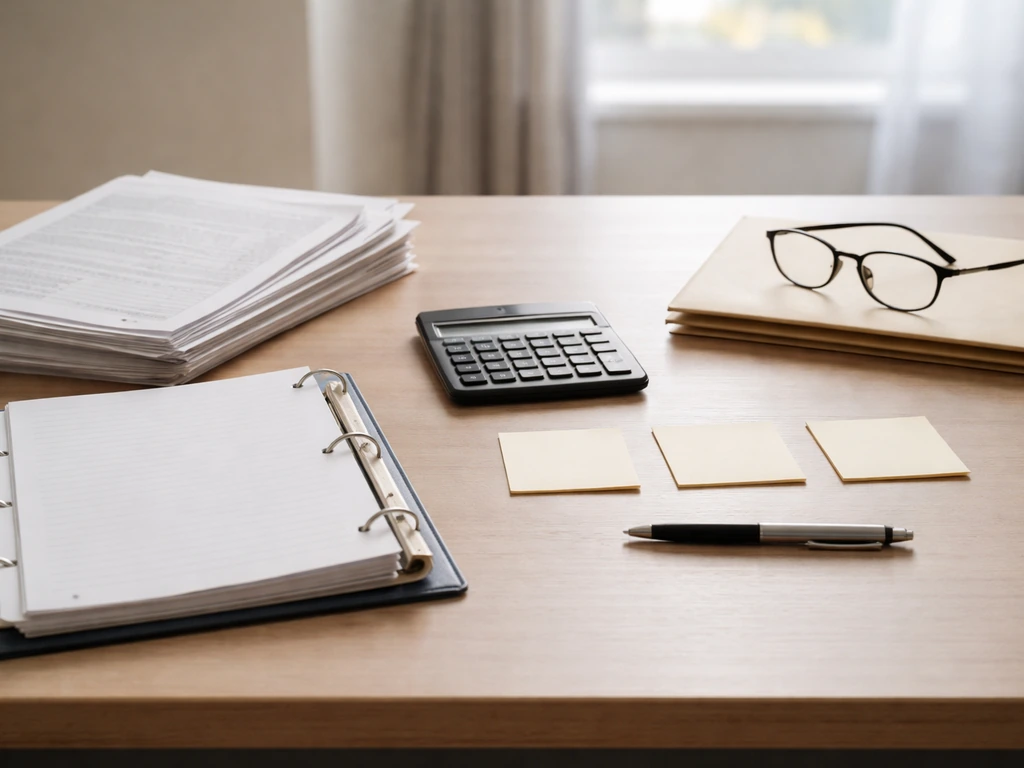 Minimal photo of a government pay-scale style desk setup with folders, calculator, and documents for salary planning