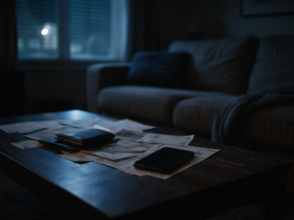 Dim living room with a cracked phone and scattered bills, suggesting financial strain and media noise.