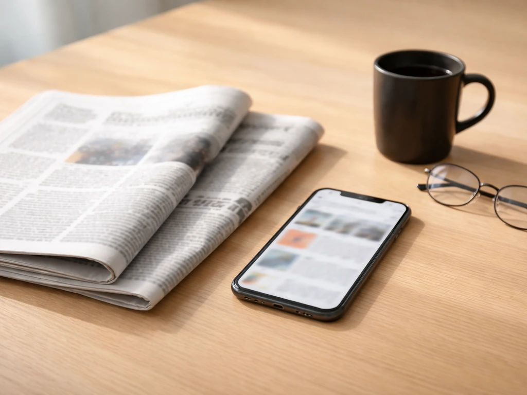 Minimal desk scene with a folded newspaper and smartphone showing muted finance news, symbolizing an income estimate sou