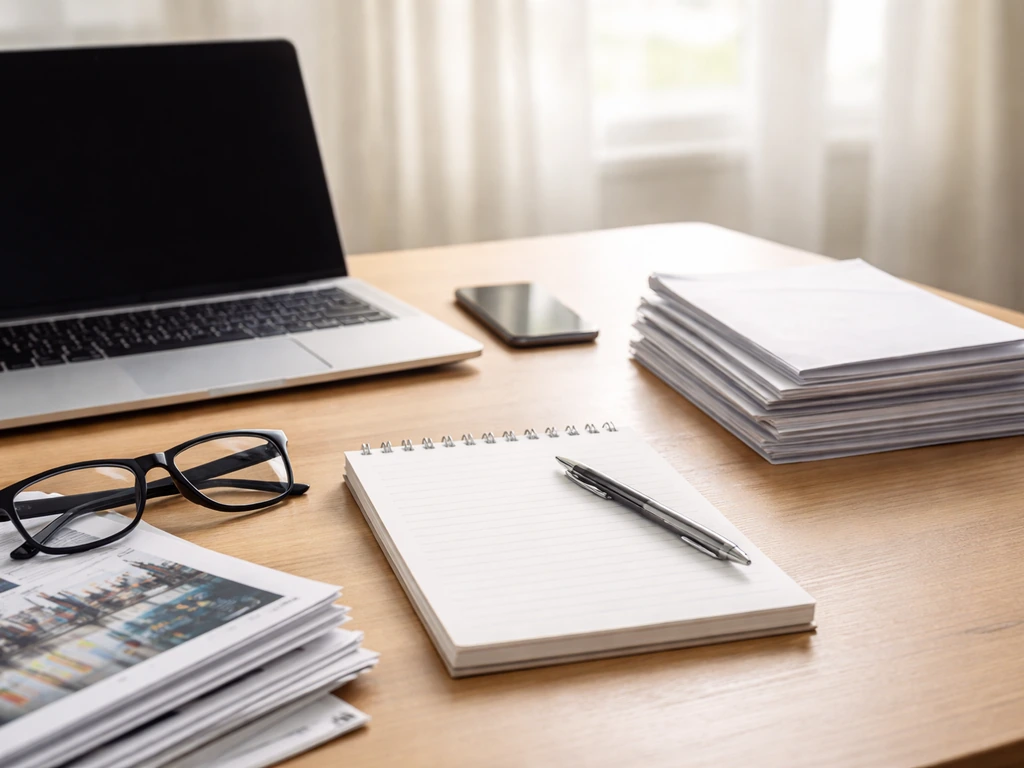 Minimal desk scene with laptop, phone, and separate stacks of media and papers for source-checking net worth claims.