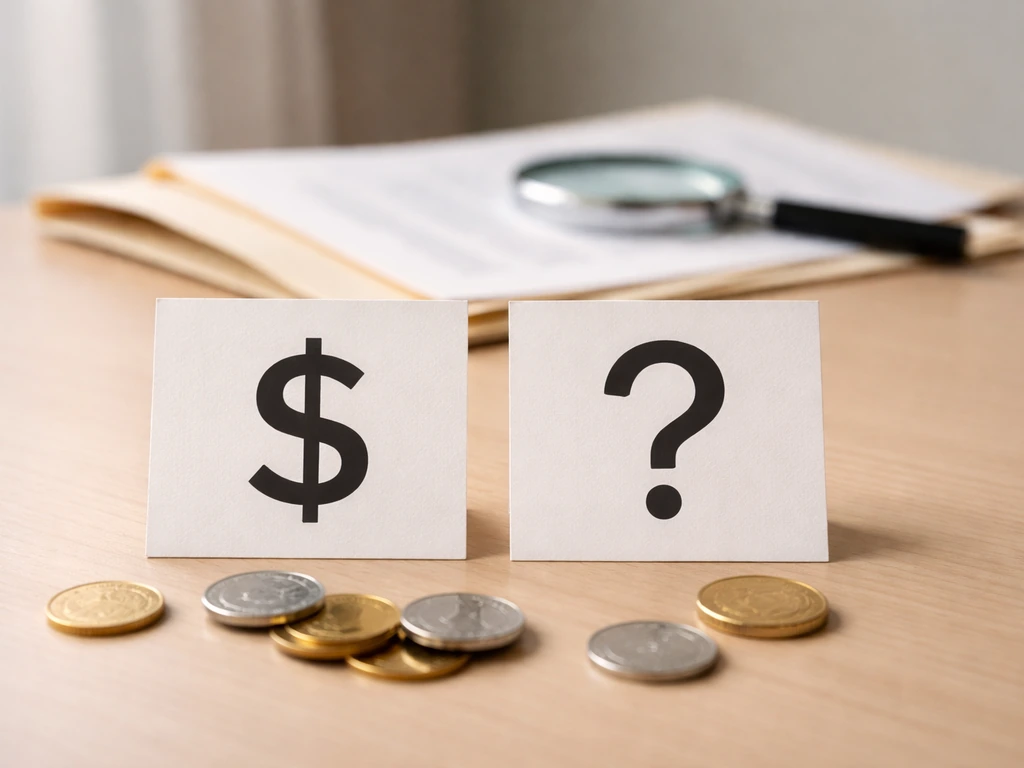 Close-up of a question-mark sign on a desk next to scattered coins and an evidence file folder
