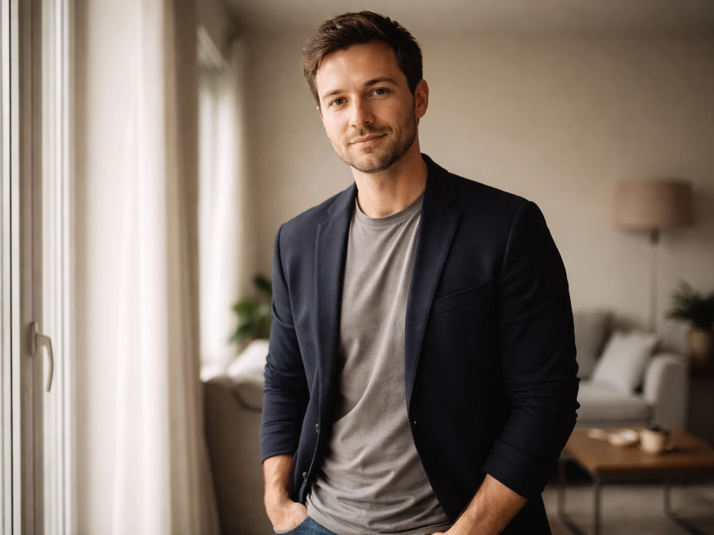 Fictional man in a modern living room, casual smart outfit, standing by a window in natural light.