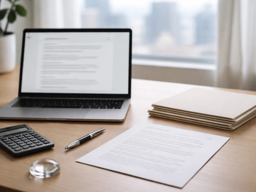 Minimal desk scene with laptop and generic financial documents, symbolizing net-worth estimation sources.