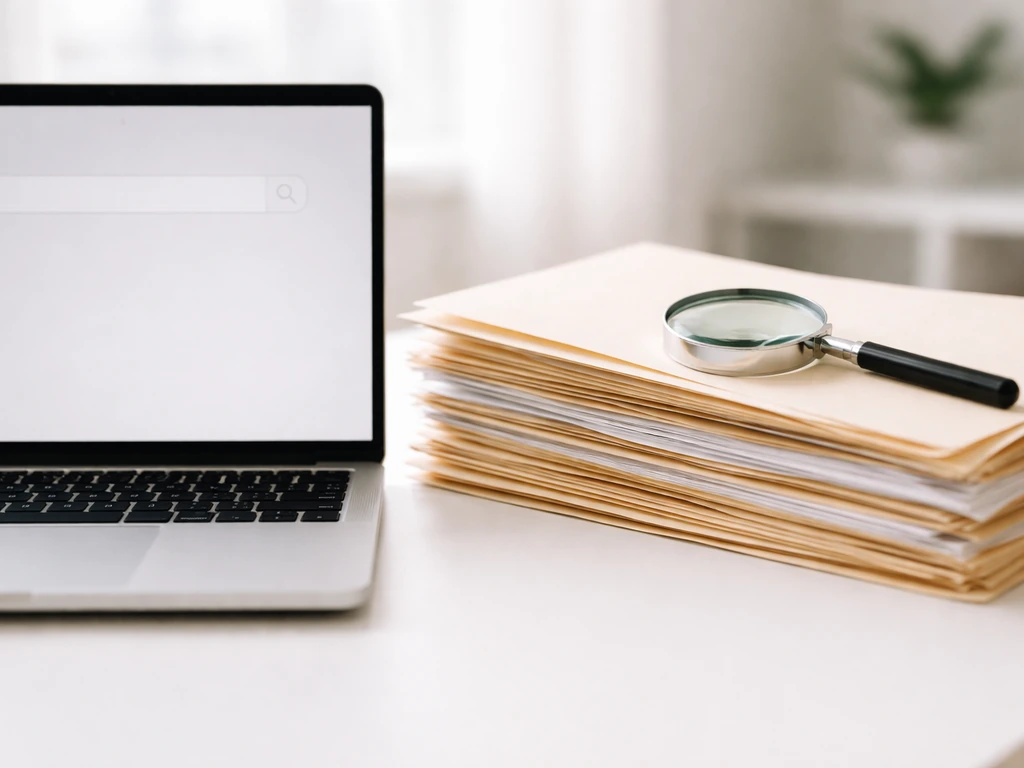Open laptop, folders, and a magnifying glass on a desk to suggest verifying records.