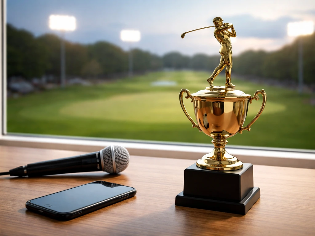 An anonymous golfer-themed trophy and microphone near a sunny window, symbolizing sports media and wealth queries.