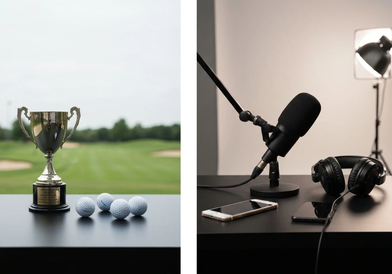 Minimal split scene symbolizing pro golf earnings and endorsement income through trophy and mic