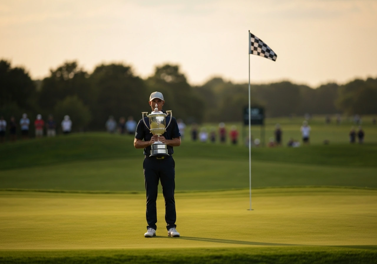 Anonymous golfer in tournament setting holding a trophy as dramatic light suggests a major win payout