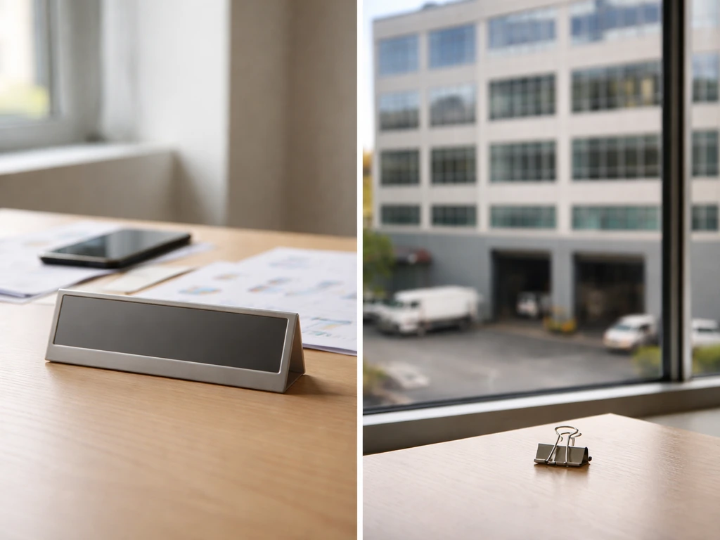 Minimal split collage of office desk items and a company context backdrop suggesting multiple identity matches