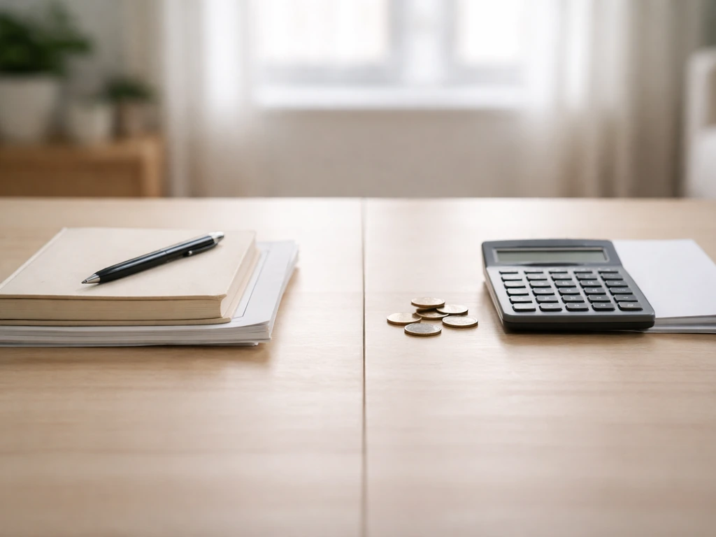 Minimal photo of a finance desk with documents, a calculator, and coins symbolizing assets minus liabilities