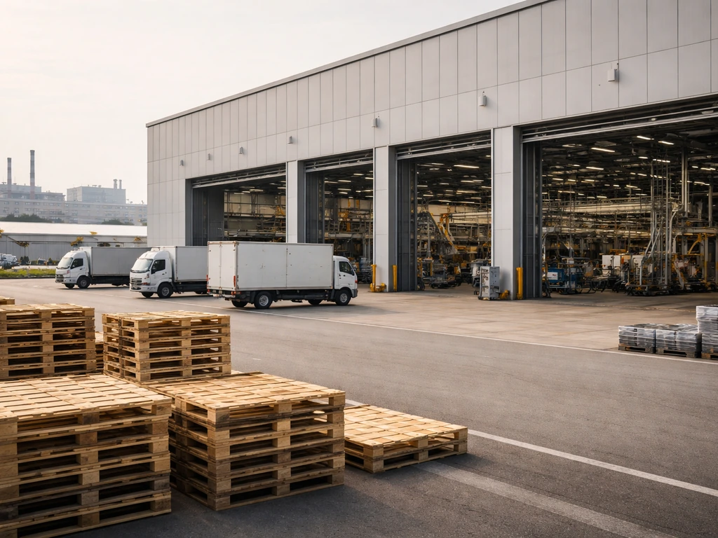 Wide view of an automotive manufacturing plant building with trucks and pallets, showing industrial scale.
