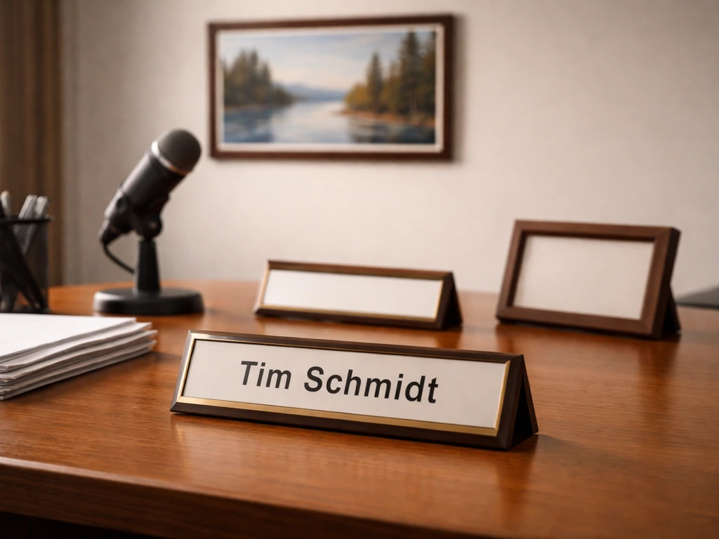 Wisconsin office desk with a single Tim Schmidt nameplate placeholder, microphone, and lake-and-pines wall art.