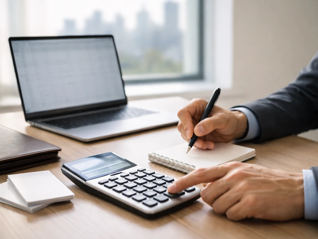 Private business finance analysis: hands with calculator and laptop showing abstract numbers