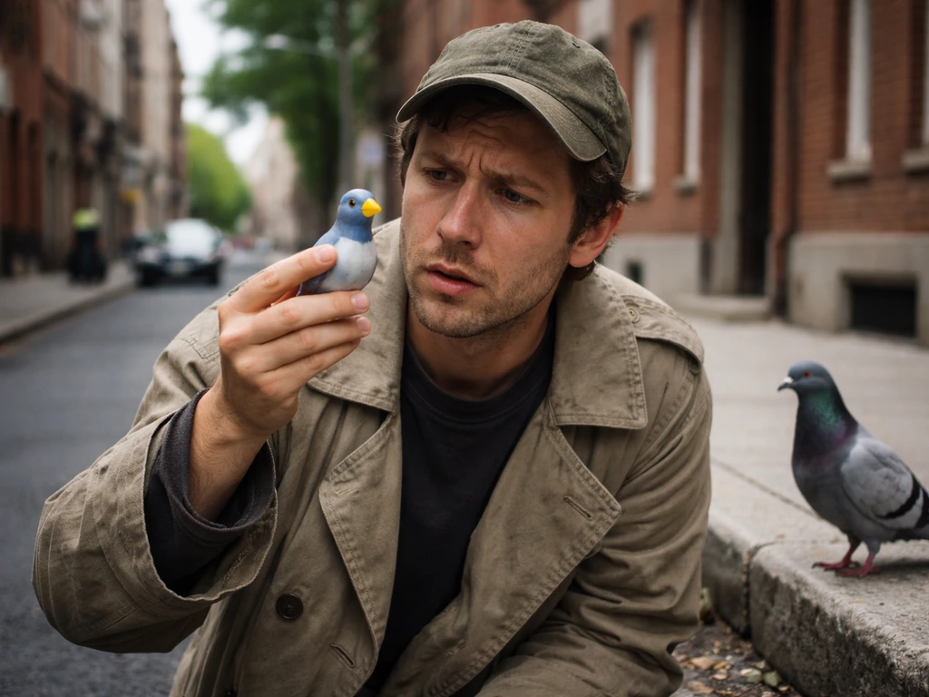 Anonymous man confused with a plastic bird beside a pigeon on a quiet street.