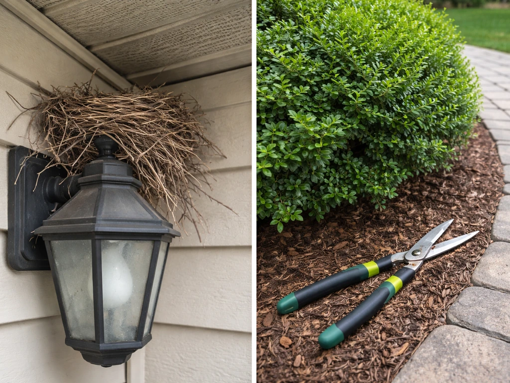 Two-part scene: bird’s nest under a home eave and pruning shears near a front yard shrub.