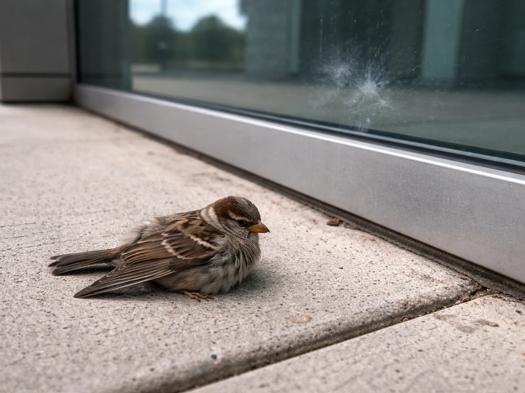 A small sparrow lies near a building window after a collision, with reflections in the glass.