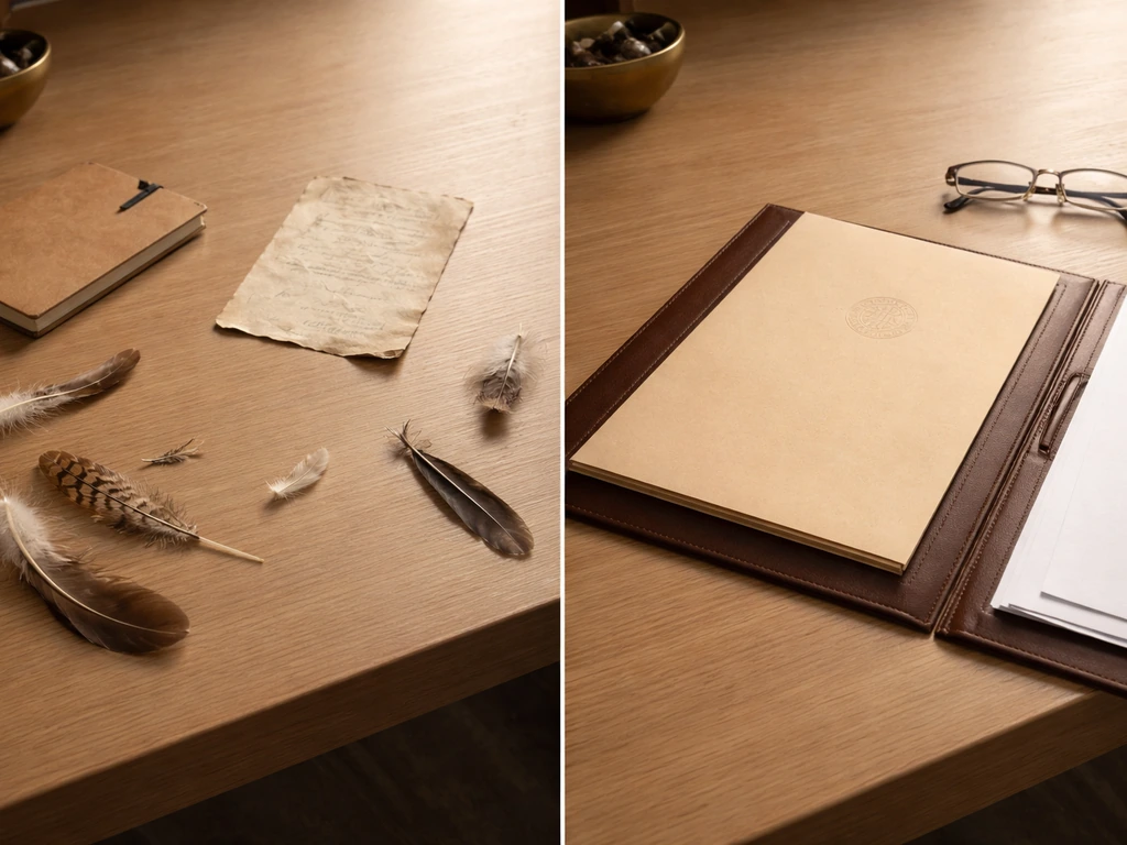 Split-screen style photo showing a messy desk with feathers on the left and a formal bird regulation folder on the right