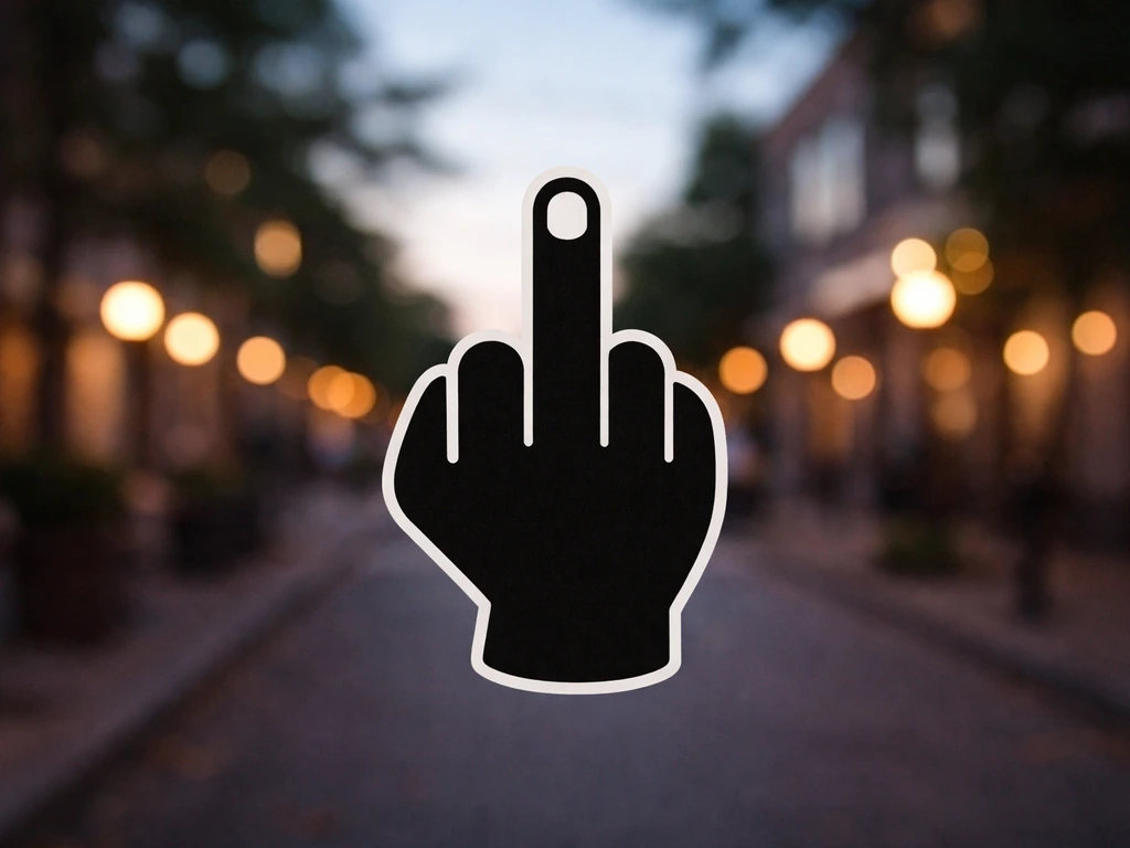 Stylized back-of-hand gesture icon representing the middle finger, over a simple city street background.