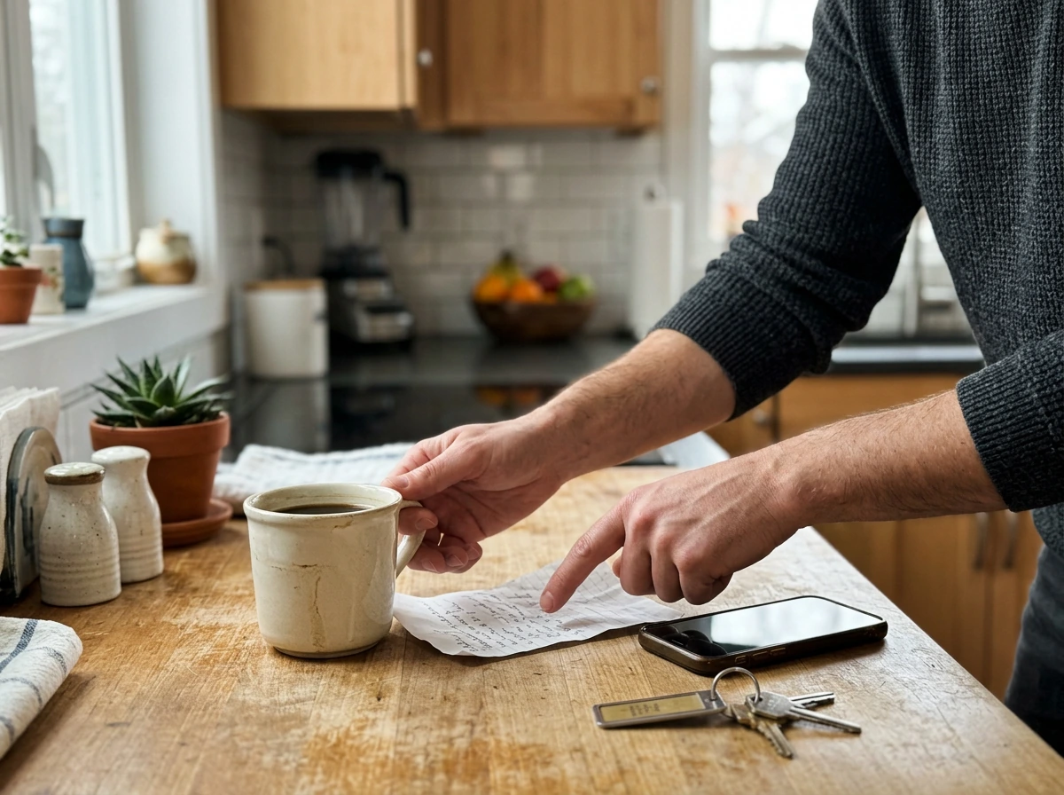 Hands holding a coffee mug while looking confused, illustrating “bird-brained” as absent-minded judgment