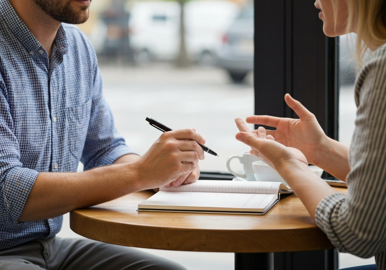 Conversation moment showing a polite reply: two people facing each other with a notepad