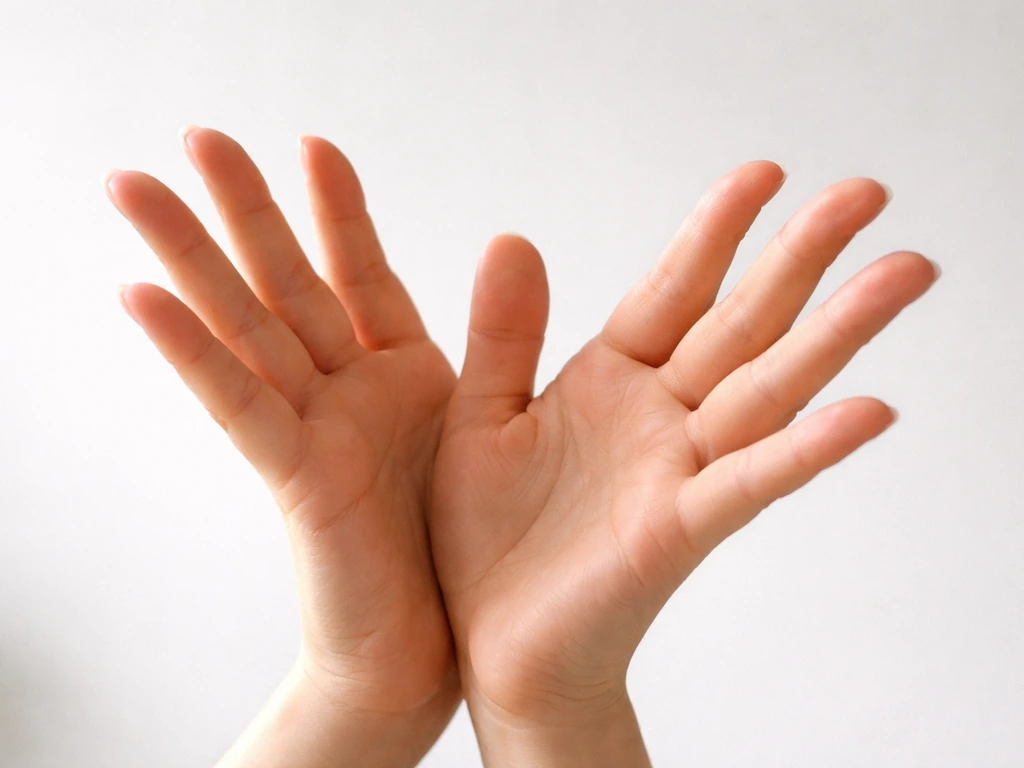 Close-up of an anonymous hand making a “bird hands up” internet-style gesture against a plain background.