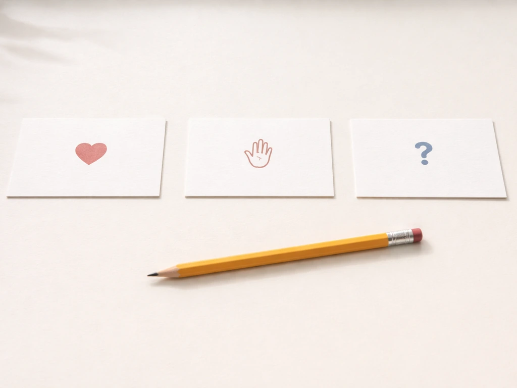 Minimal desk scene with three blank cards showing simple icons for proverb, gesture, and myth.